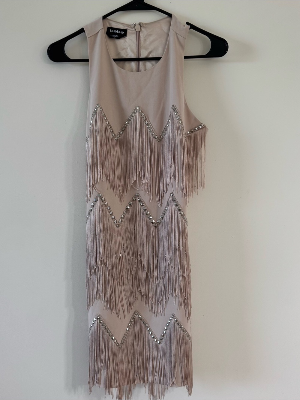 Bebe Fringe Dress Size 4 Champagne Beige Studded Tiered Flapper Party Mini Zip
